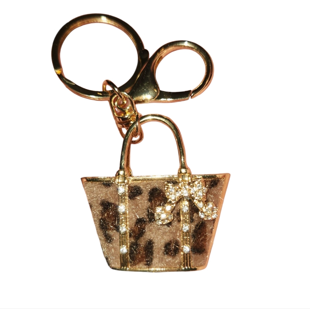Gold Leopard Print Keychain Bag Charm w/ a Rhinestone Bow & Accents. Faux Fur